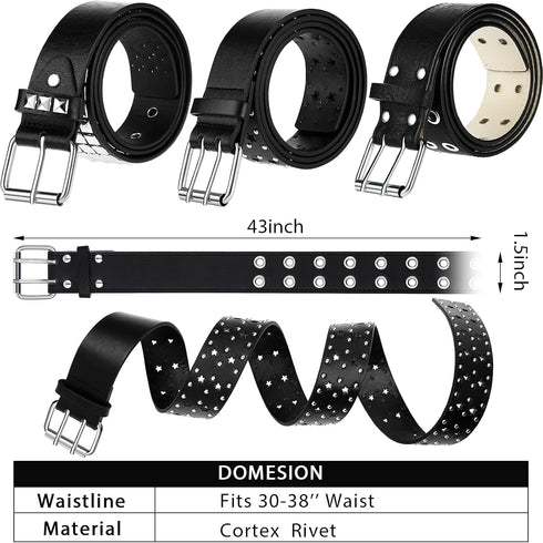 Syhood 3 Pieces Studded Belt Punk Rivet Double Grommet Belt Faux Leather Gothic Goth Black for Men Women Gift...