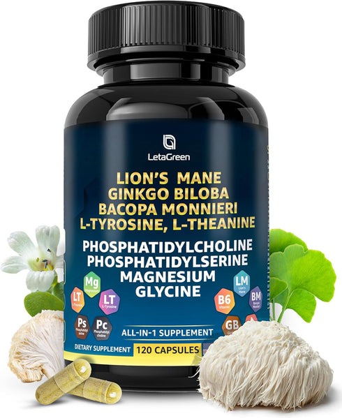 Organic Lions Mane Supplement Capsules - 120 Real Mushrooms Lion's Mane Capsules with Ginkgo Biloba Herb, Bacopa Monnieri - Nootropics Brain Suppo...