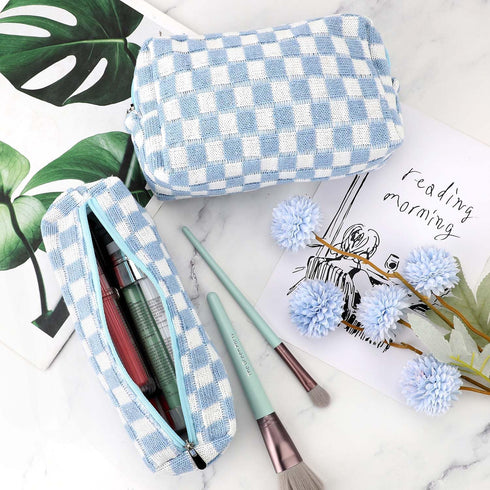 3 Pcs Makeup Bag Cosmetic Bag Set for Girls Women Checkered Travel Organizer Bathroom Toiletry Pouch Large Capacity Storage Bag (Blue-White)...