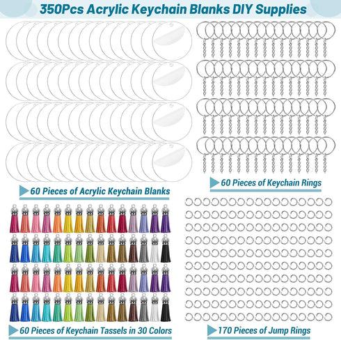 350Pcs Acrylic Keychain Blanks Cludoo Clear Acrylic Keychain Blanks for Vinyl with 60 Pcs Acrylic Blanks, 60 Pcs Keychain Tassels, 170 Pcs Jump Ri...