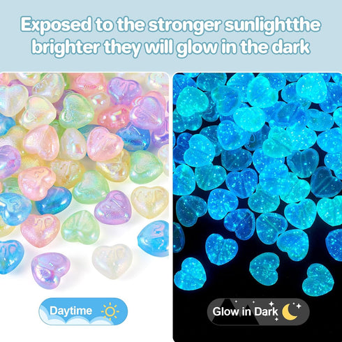 Craftdady 60Pcs Glow in The Dark Acrylic Heart Beads AB Color Glitter Beads Love Heart Valentine Spacer Beads for Crafts DIY Couple Bracelets Jewe...