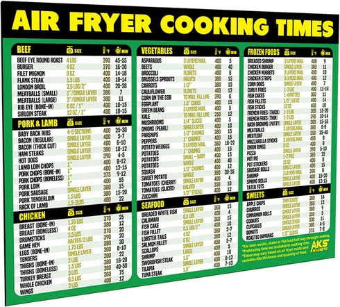 Air Fryer Cooking Times Magnetic Cheat Sheet - Extra Large Easy to Read 11” x 8.5” Airfryer Kitchen Accessory - Quick Reference Guide Magnet for O...