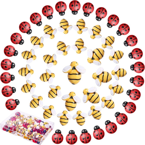 MIKIMIQI 60 Pcs Tiny Resin Bees Ladybugs Decor, Including 30 Pcs Bumble Bee Embellishment 30 Pcs Resin Ladybug Craft Decorations with Storage Box ...