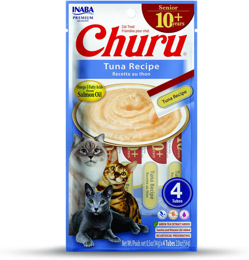INABA Churu for Senior 10+, Creamy Lickable Cat Treats with Taurine, Vitamin E & C, 0.5 ounces Each, 24 Tubes (4 per Pack), Tuna Recipe...