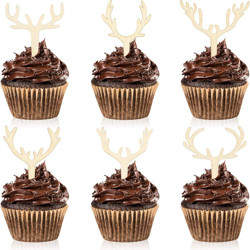 30 Pieces Antler Cupcake Toppers Wooden Reindeer Cake Topper Christmas Deer Cake Picks for Baby Shower Wedding Hunting Rustic Birthday Party Favor...
