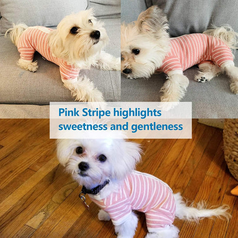 TONY HOBY Female Pet Dog Pajamas, 4 Legged Dog Pjs Jumpsuit with Stripes, Soft Cotton Surgery Recovery Dog Clothes (S, Pink+White-Girls)...
