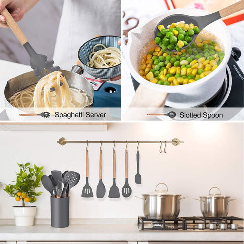 LIANYU 15-Piece Kitchen Silicone Cooking Utensils Set with Holder, Wooden Handle Kitchen Tools Include Spatula Tong Slotted Spoon Turner Whisk Bru...