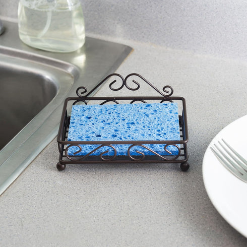 Decorative Sponge Holder for Kitchen Sink by Home Design | Scroll Design in Steel with Bronze Finish | Raised Feet and Raised Back | Caddy Organiz...