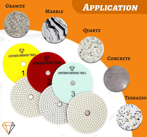 3 Step Diamond Polishing Pads - Wet or Dry - Granite, Quartz, Marble, Concrete, Terrazzo - High Temperature Resistance - White Resin - 4'' Hook an...