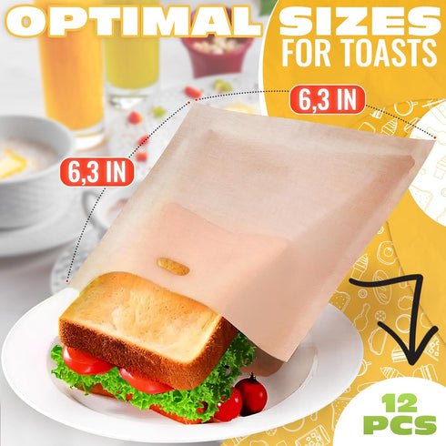 12Pcs Non-Stick Toaster Bags Reusable – 6.7"x7.5" Grilled Cheese Bags, Heat-Resistant & Easy to Clean | Mess-Free Toasting, Sandwiches, Panini & M...