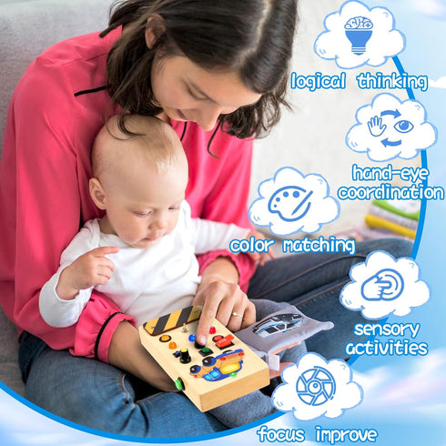POLKRANE Busy Board with LED Light, Montessori Toys with Toggle Switch, Sensory Toys for Toddlers 1-3, Travel Toys for Educational Toddler Activit...