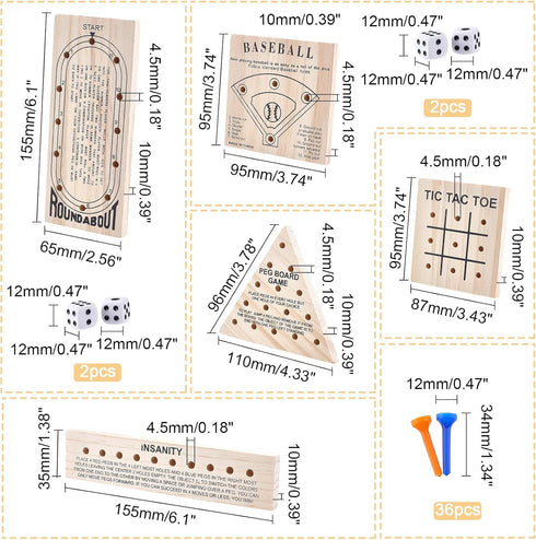 SUPERFINDINGS Wooden Peg Games Assortment Kit Wooden Board Game Set Including 5 Style Wooden Game Board and Plastic Pieces and Dice Puzzle Brain G...
