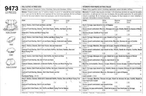 Simplicity Crafts Sewing Pattern 9473 c.1995 SYNDEE's Crafts. Doll Clothes ,Sizes 10", 16" and 21"...