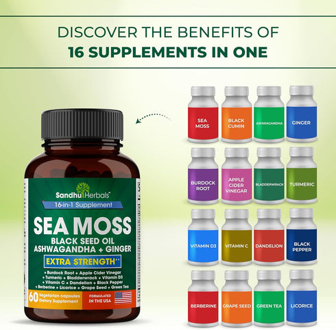 Sea Moss Black Seed Oil Ashwagandha Ginger Burdock Root Turmeric Black Pepper | All in 1 Supplement, 60 Capsules | Seamoss Pills for Men & Women |...