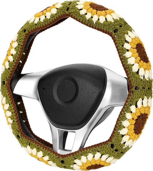 Crochet Steering Wheel Cover Set,Cute Car Steering Wheel Cover Boho 14-15in,Handmade Sunflower Granny Square Pattern Gift for Women Car Accessorie...