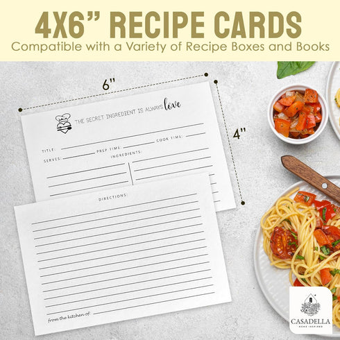 CASADELLA Minimalist Recipe Cards 4x6 - Set of 50, Thick Cardstock Double-Sided 4x6 Recipe Cards, Perfect Gift for Bridal Showers and Weddings, Be...