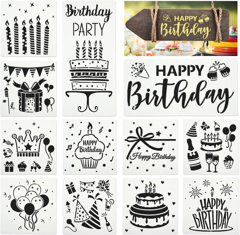 Xuniea 12 Piece Birthday Stencils - Happy Birthday Templates & Cake Candle Pattern for Drawing, Card Making & DIY Decor...