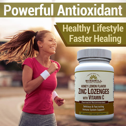 Windmill Health Products Natural Vitamins Zinc Lozenges with Vitamin C Honey Lemon Flavor, Immune System Support, Provides Antioxidant Support, De...