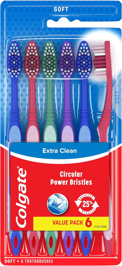 Colgate Extra Clean Toothbrush, Soft Toothbrush for Adults, 6 Count (Pack of 1)...