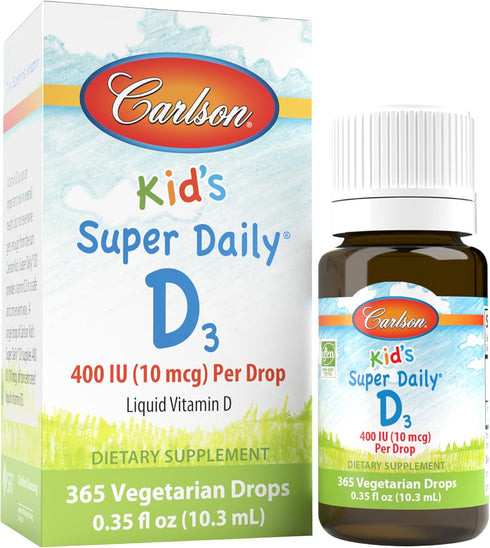 Carlson - Kid's Super Daily D3, Kids Vitamin D Drops, 400 IU (10 mcg) per Drop, Heart & Immune Health, Vegetarian, Liquid Vitamin D Drops, Unflavo...