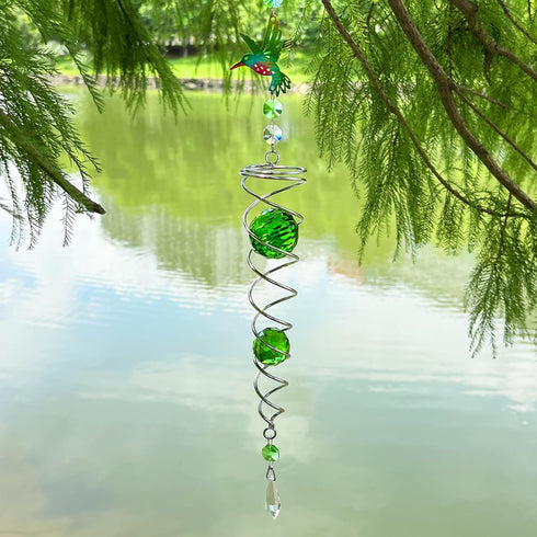FONMY Hummingbird Gazing Ball Spiral Wind Spinner Sun Catcher Rainbow Maker Silver Spiral W/ K9 Green Crystal Ball Tree Hanging Ornament Indoor Ou...