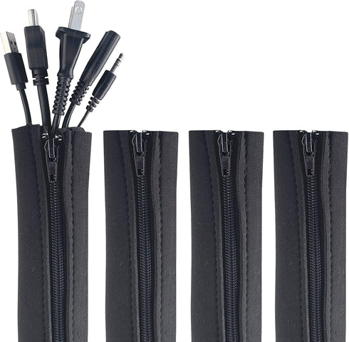 Zipper Cable Sleeve by Wrap-It Storage - 24" x 4" (4-Pack) Black - Cord Organizer and Cable Protector for Desk, Computer, TV Cord Management to Hi...
