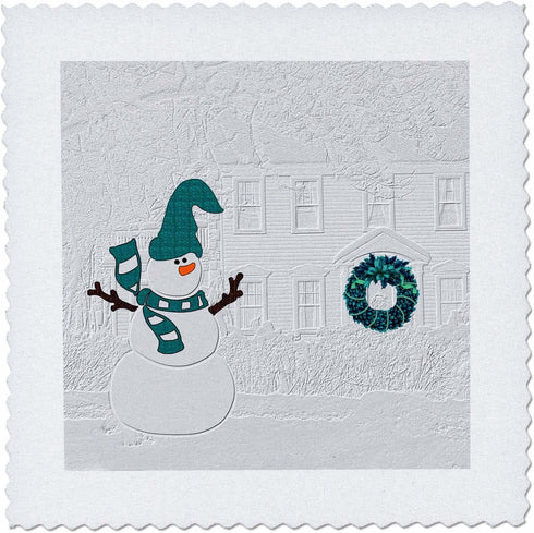 3dRose qs_62827_1 Snowman and Wreath on The Door Christmas White and Teal Etched Look Can Not be Felt to The Touch-Quilt Square, 10 by 10-Inch...