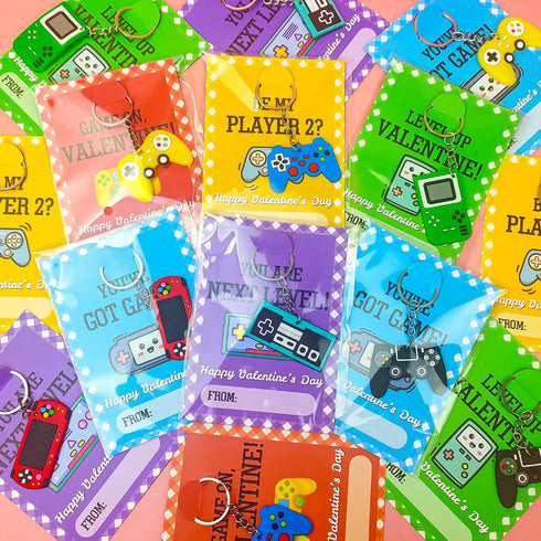 Valentines Day Gifts Cards for Kids Classroom, 30 Pack Video Games Keychains with Class Exchange Cards for Kids, Valentine Goodies Bag Stuffers Sc...
