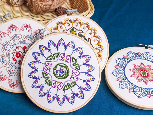 Whaline 4 Mandala Embroidery Starter Kit with Instruction Plum Blossom Chrysanthemum Orchid Lotus Needlepoint Cross Stitch Kit with Embroidery Hoo...