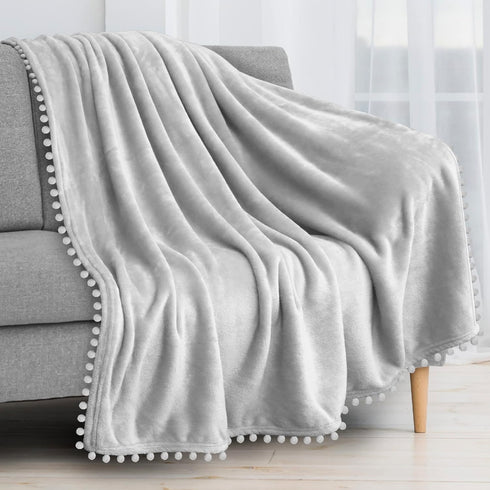 PAVILIA Fleece Throw Blanket for Couch with Pom Pom Fringe, Light Grey, Soft Cozy Fuzzy Flannel Blanket for Sofa Bed, Large Lightweight Plush All ...