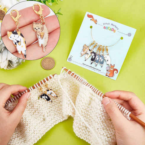 NBEADS 8 Pcs Cat Stitch Markers, Alloy Enamel Crochet Stitch Marker Charms Locking Stitch Marker with Lobster Claw Clasps for Knitting Weaving Sew...