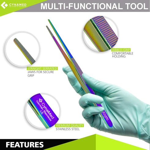Cynamed 10” Kitchen Premium Tongs Tweezers Stainless Steel, Long with Precision Serrated Tips (Rainbow)...