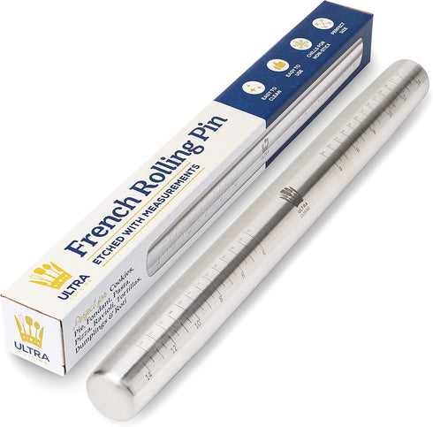 Ultra Cuisine French Rolling Pin for Baking – Tapered Stainless Steel Design with Measurements, Professional or Home Use with Pizza, Cookie, & Pas...