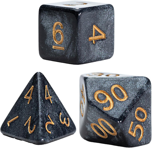 Gate Keeper Games and Dice: Mercurial Dice: Black Hole - 7pc RPG Set, Deep Shimmering Black Resin & Gold Numerals, Resin Dice for Role Playing Gam...