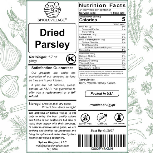 Spices Village Dried Parsley Flakes, Dry Parsley Seasonings, 1.7 Ounces, Kosher Certified, All Natural, Fresh, Gluten Free, Non GMO, Resealable Bu...