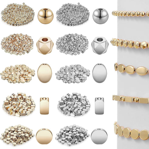 1800 Pieces Gold Beads for Jewelry Making Assorted Spacer Beads Rondelle Shape Cube Beads Tube Column Beads Flat Disc Loose Beads Round Ball Beads...