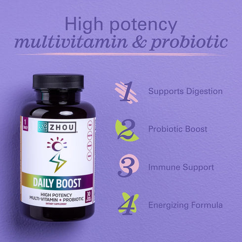 Zhou Nutrition Daily Boost Multivitamin with Probiotic, Zinc, Vitamin C, D3, B Complex for Immune Support, Energy and Digestive Health | Vegan, Gl...