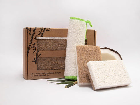Natural Kitchen Sponge- Coconut Base Dish Sponge and Rayon derived from Bamboo Dishcloth Bundle- 12 Coconut Scrubbers & 4 Pieces Rayon derived fro...