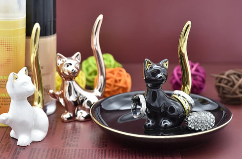 Happy Cat Posture Trinket Tray Decorative Ring Holder Jewelry Storage Dish Black/Golden Tail...