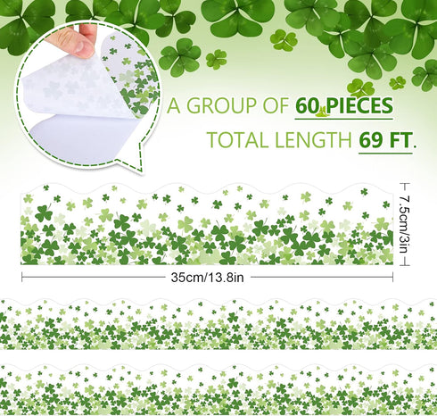 69 Feet St. Patrick's Day Bulletin Board Borders Shamrock Decoration Borders Lucky Clover Trim Border 60Pcs Green White Bulletin Board Stickers fo...