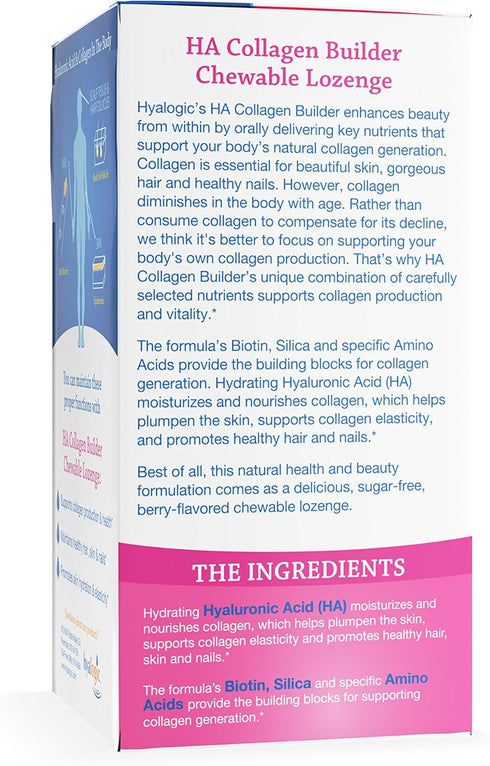 Hyalogic Hair Skin & Nails Hyaluronic Acid Collagen Builder – Delicious Berry Flavored Collagen Boost Chewable Lozenges – Sugar Free Vegan Collage...