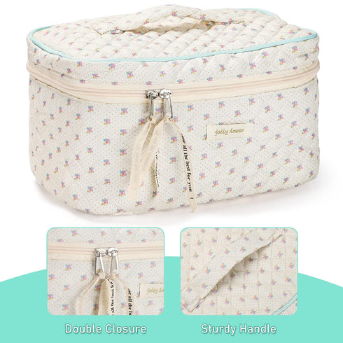 Cotton Makeup Bag, Quilted Cosmetic Bag with Handle Large Capacity Travel Toiletry Bag for Women Cute Aesthetic Floral Makeup Bag (Beige)...
