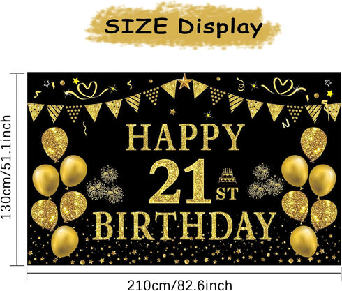 Trgowaul 21st Birthday Decorations for her him, Men Women Black Gold 21st Birthday Backdrop Banner, 21 Years Old Party Supplies Photography Backgr...