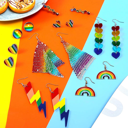 12 Pairs Rainbow Earrings Gay Pride Earrings LGBTQ Mesh Drop Clip on Earrings Lightweight Chain Rainbow Earrings Dangle Earrings Round Heart Light...