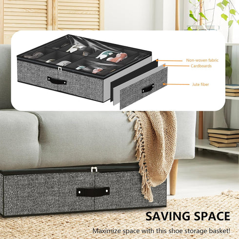 Under Bed Shoe Storage Organizer for Closet Fits 24 Pairs-Sturdy Underbed Shoe Storage Box Bins,Set of 2 (Linen-like Black)...