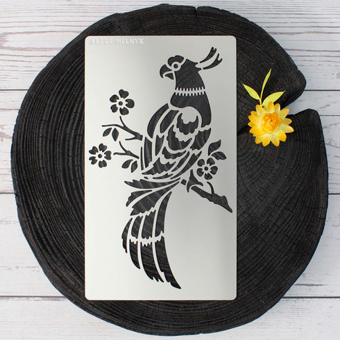 Aleks Melnyk No.471 Metal Stencil, Bird on Tree Branch, Parrot, Branches with flowers, Wild Animal, Small Stencil, 1 PC, Template for Wood Burning...