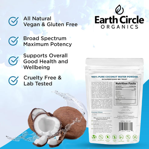 Earth Circle Organics Pure Coconut Water Powder | Coconut Electrolyte Powder for Energy and Hydration Supplement | No Additives | Unsweetened | Ve...