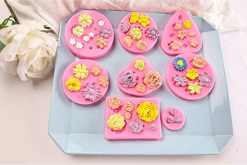Flower Fondant Cake Molds-8 Pcs-Daisy, Rose, Chrysanthemum and Small Flower Leaf, Candy Silicone Molds for Chocolate Fondant Polymer Clay Soap Cra...