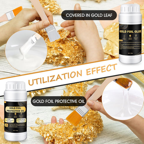 Gold Leaf Adhesive Set 200ml Gold Plating Kit Protective Varnish 100 pcs Gilding Adhesive Set Gold Leaf Sheets, 2 Brushes, Water Based Leaf Glue f...