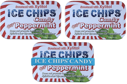 ICE CHIPS Xylitol Candy Tins 5.28 oz total (Peppermint, 3 Pack) - Includes BAND as shown...